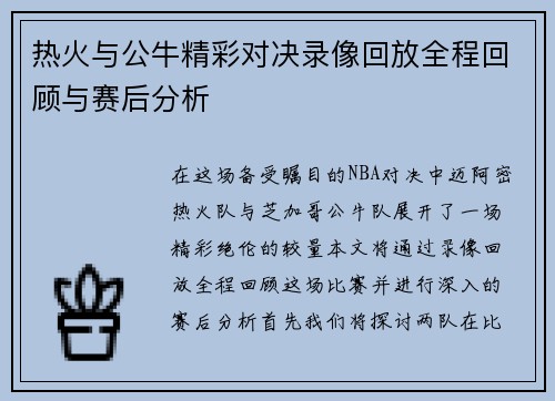 热火与公牛精彩对决录像回放全程回顾与赛后分析